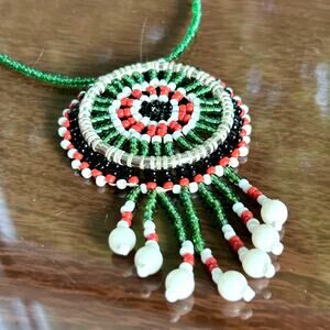 Vintage Beaded Necklace with Circular Pendant – Southwestern Style